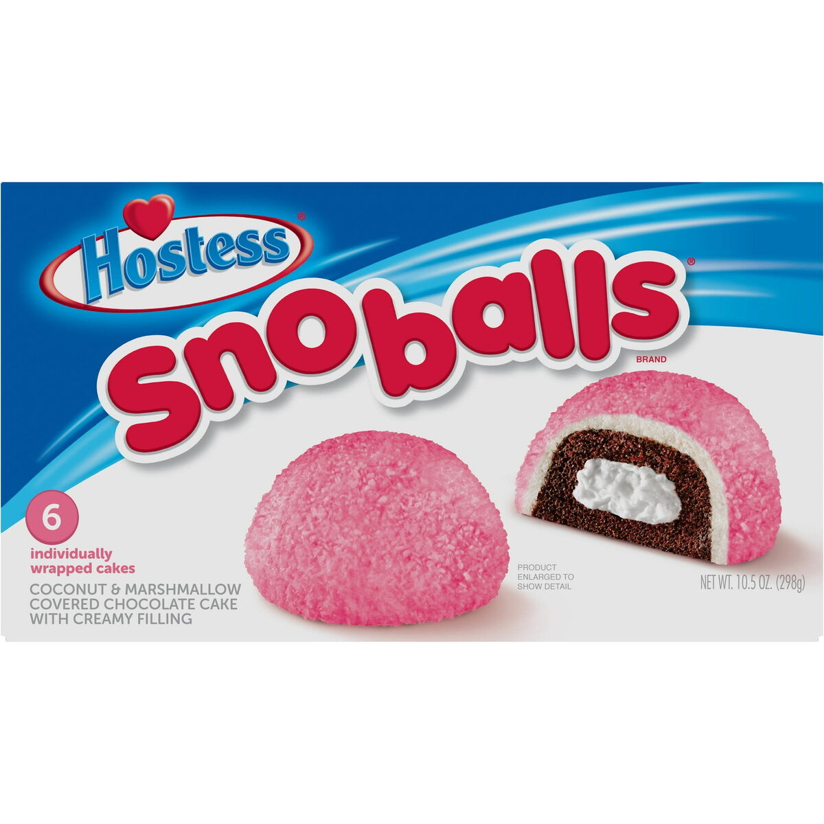 Front of Hostess Snoballs 6 Pack showing brand logo, pink coconut-covered cakes, and chocolate filling inside (298g pack)