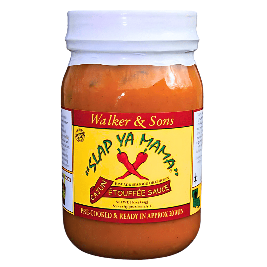 Front of Slap Ya Mama Cajun Etouffee Sauce Jar showing bold yellow label with Cajun design, red logo, and jar size of 473ml.