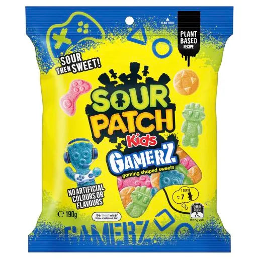 Front of Sour Patch Kids Gamerz bag featuring vibrant yellow design, gaming shapes, and sweets with the product name and 190g pack size
