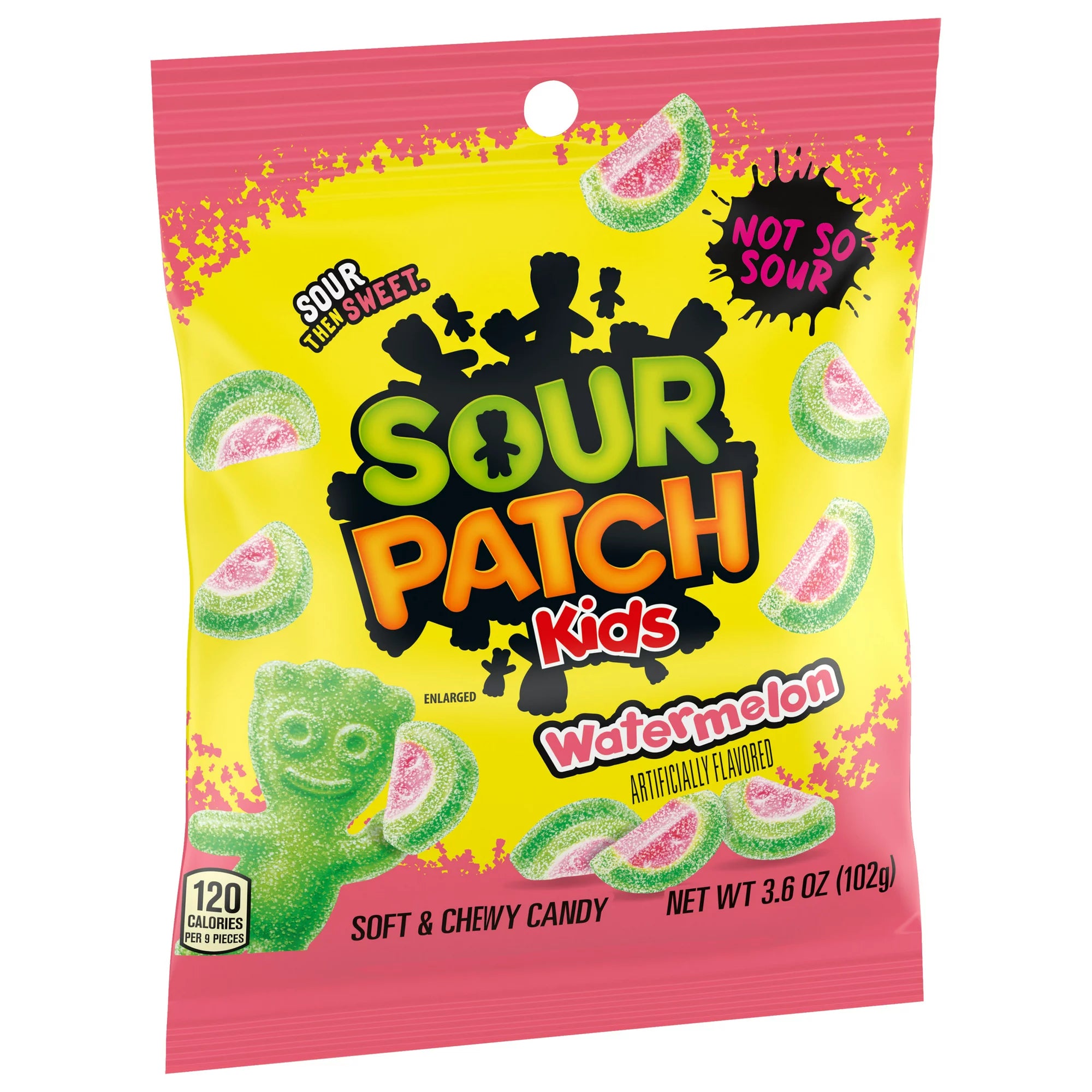 Front of Sour Patch Kids Watermelon bag featuring bright yellow packaging, watermelon-flavoured candies, and 102g pack size.