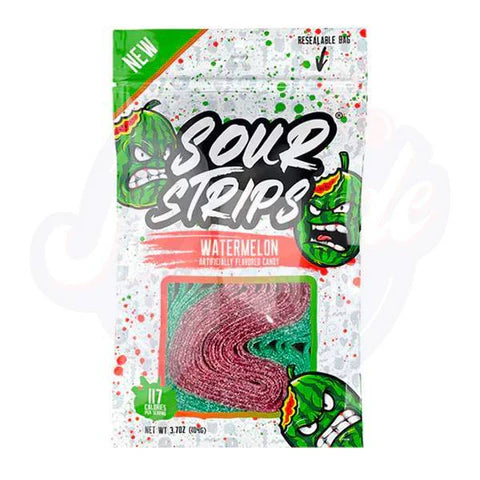 Front of Sour Strips Watermelon bag featuring bold logo, vibrant green and red colours, and watermelon gummy strips (96g pack)