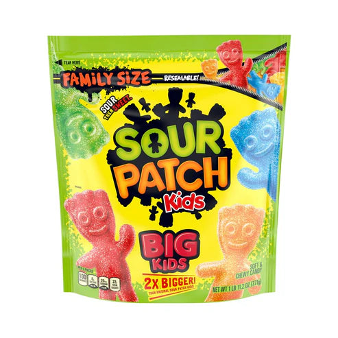Front of Sour Patch Kids Big Kids bag featuring bold logo, colourful gummy candies, and the pack size of 771g
