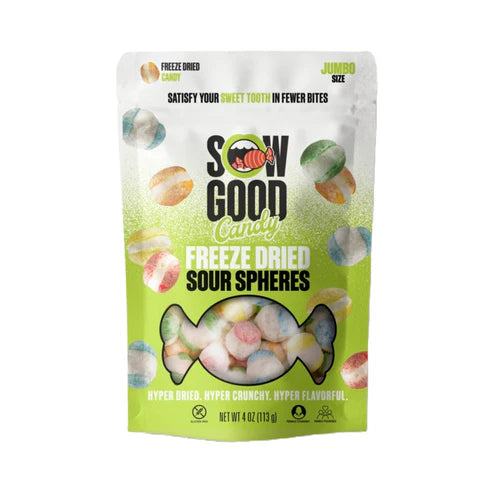 Front of Sow Good Candy Freeze Dried Sour Spheres bag featuring vibrant colours, logo, and visible sour candy spheres (113g pack)