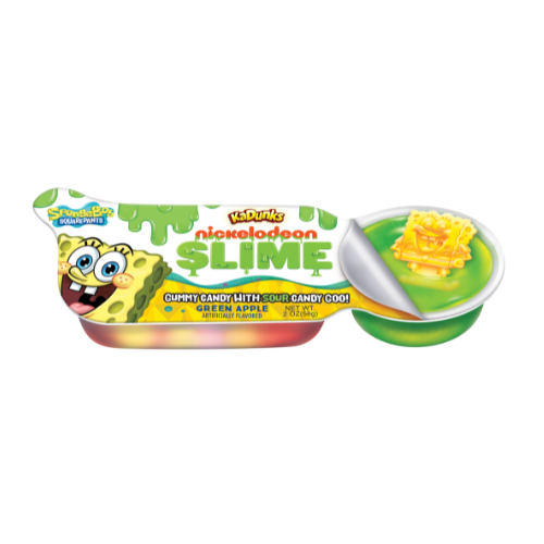 Front of Sponge Bob Kadunks Slime Dipper showing colourful packaging with Sponge Bob character, green apple flavour label, and 54g pack size.