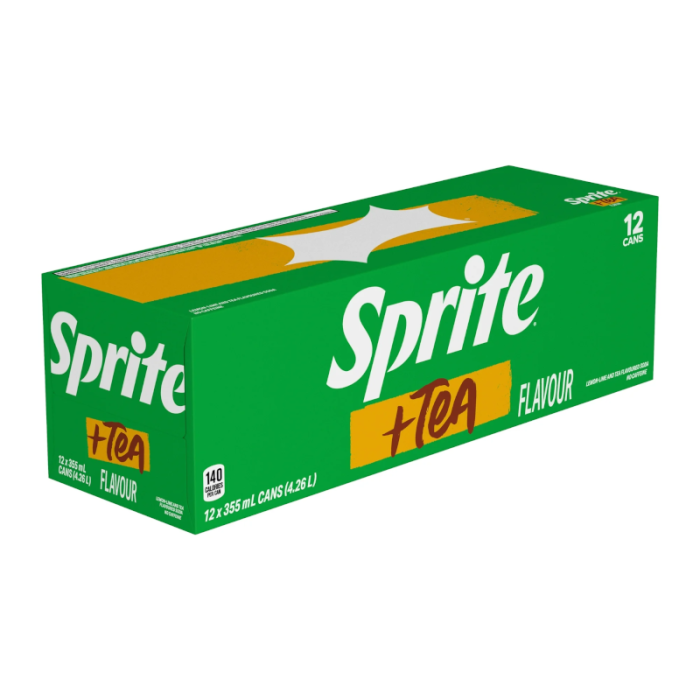 Front of Sprite + Tea case showing logo, tea flavour label, and pack size of 12 x 355ml cans