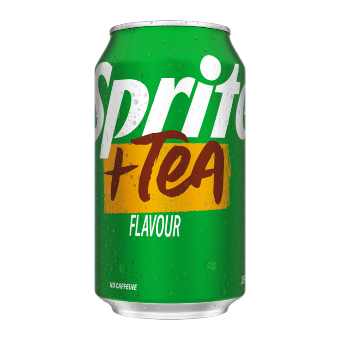 Front of Sprite + Tea can featuring a vibrant green design, Sprite logo, tea flavour label, and 355ml pack size.