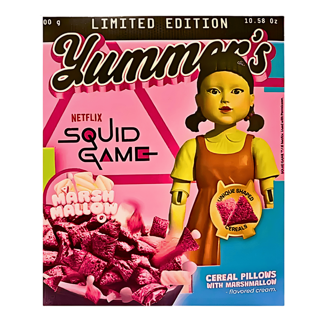 Front of limited edition Squid Game Cereal Pillows showing marshmallow flavour, unique shaped cereal pillows, and 300g pack size.