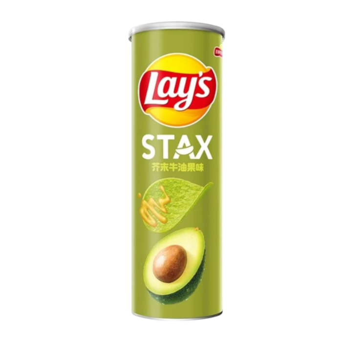 Front of Lay's STAX Mustard Avocado can showing logo, mustard and avocado imagery, and 90g pack size.