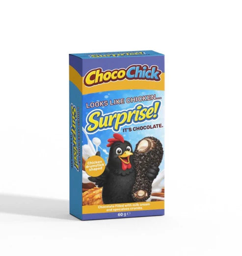 Front of Choco Chick Oreo Chicken Drumstick packaging with a playful chicken drumstick shaped chocolate, featuring bright colours and 60g size.