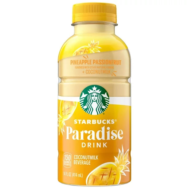 Front of Starbucks Paradise Drink Pineapple bottle showing logo, tropical imagery, and product details (414ml)