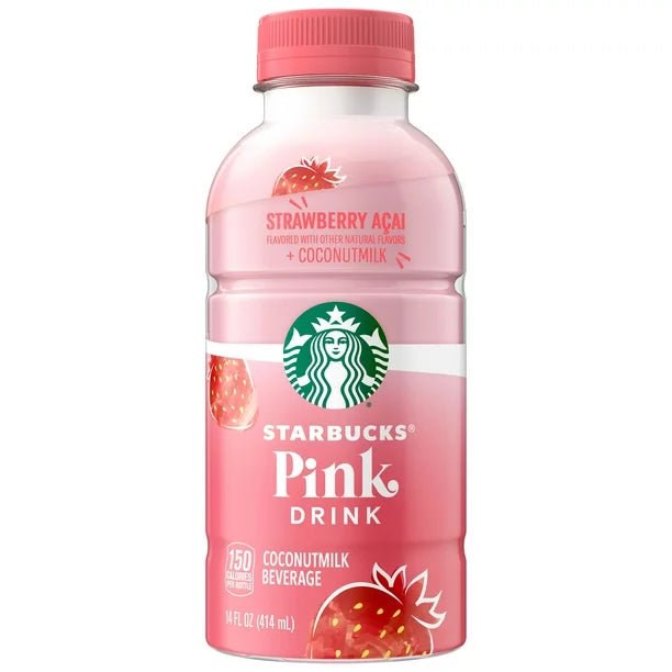 Front of Starbucks Pink Drink Strawberry bottle showing the pink label, logo, and a refreshing coconut milk beverage (414ml)