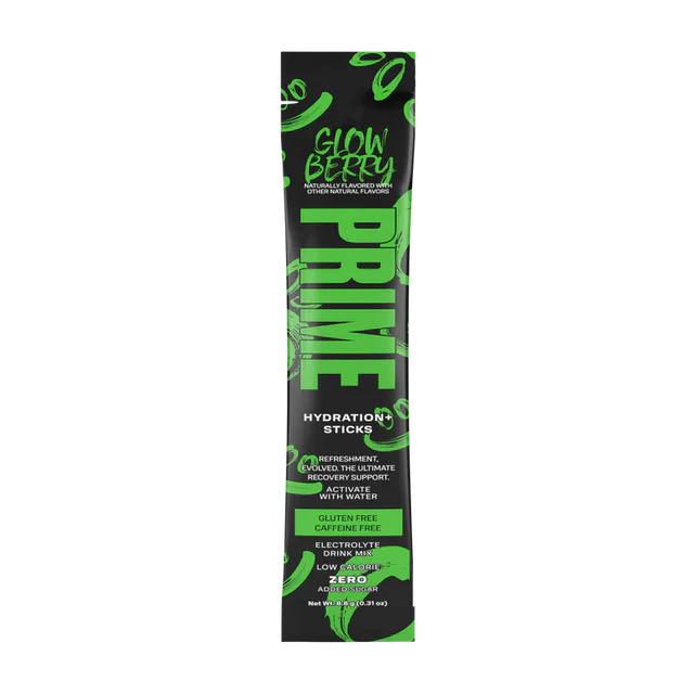 Front of Prime Hydration Glowberry Sachet showing bold logo, berry flavour label, and hydration information (8.8g sachet)