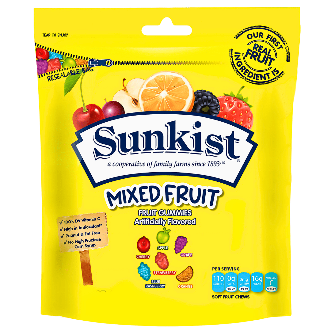 Front of Sunkist Mixed Fruit Gummies bag showing bright yellow packaging, the Sunkist logo, fruit illustrations, and 793g size label.