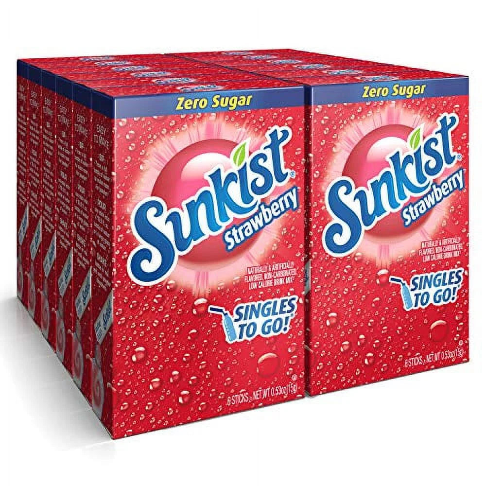 Front of Sunkist Strawberry Singles to Go pack showing bright red design with the product name, strawberry flavour label, and 12-pack size (198g)