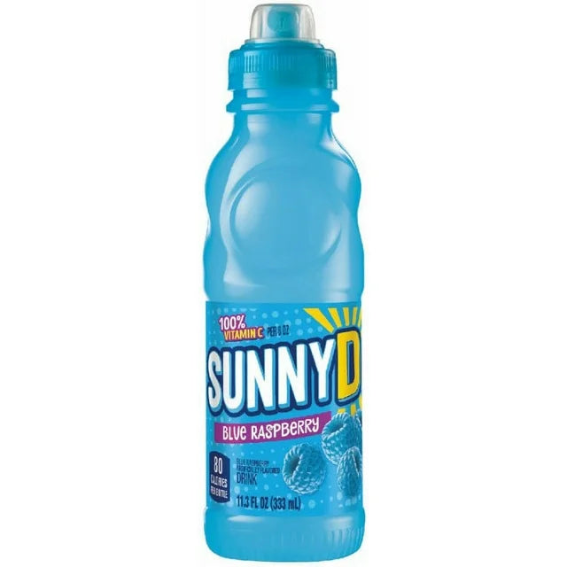Front of Sunny D Blue Raspberry bottle showcasing the logo, vibrant blue colour, and 334ml size.
