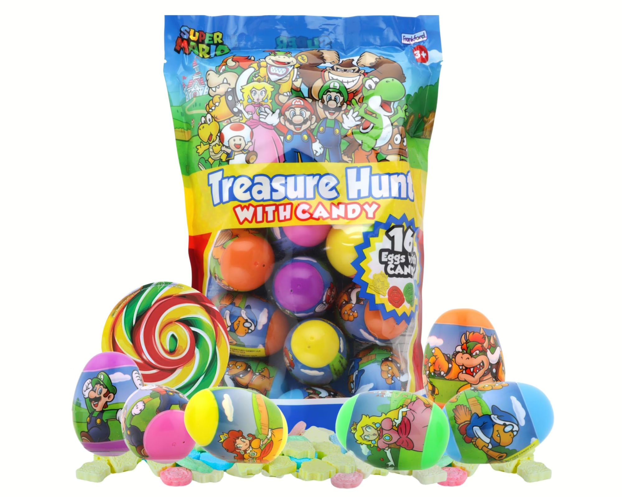 Front of Super Mario Treasure Hunt Candy bag featuring colourful candy-filled eggs, Super Mario characters, and 80g pack label.