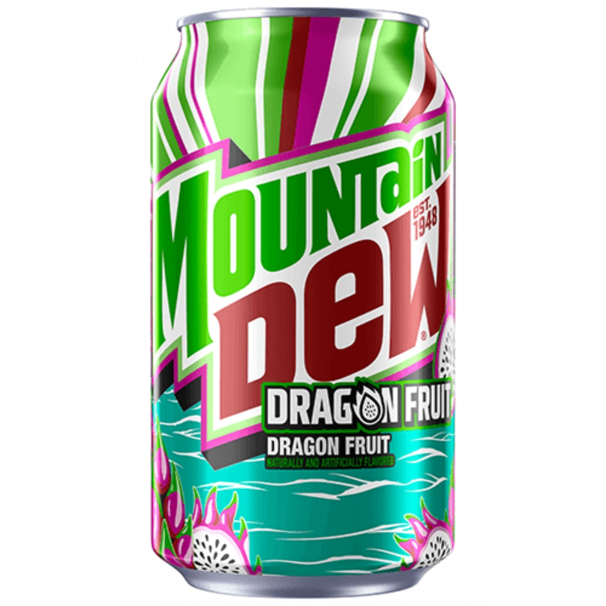 Front of a Mountain Dew Dragon Fruit can showing vibrant green and pink logo with dragon fruit design (355ml)