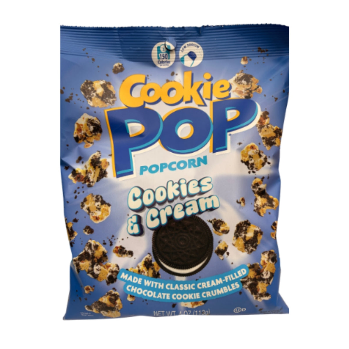 Front of Cookie Pop Cookies & Cream Popcorn bag showing blue logo, cookies and cream flavour, and image of popcorn pieces with cookie crumbles (113g pack)