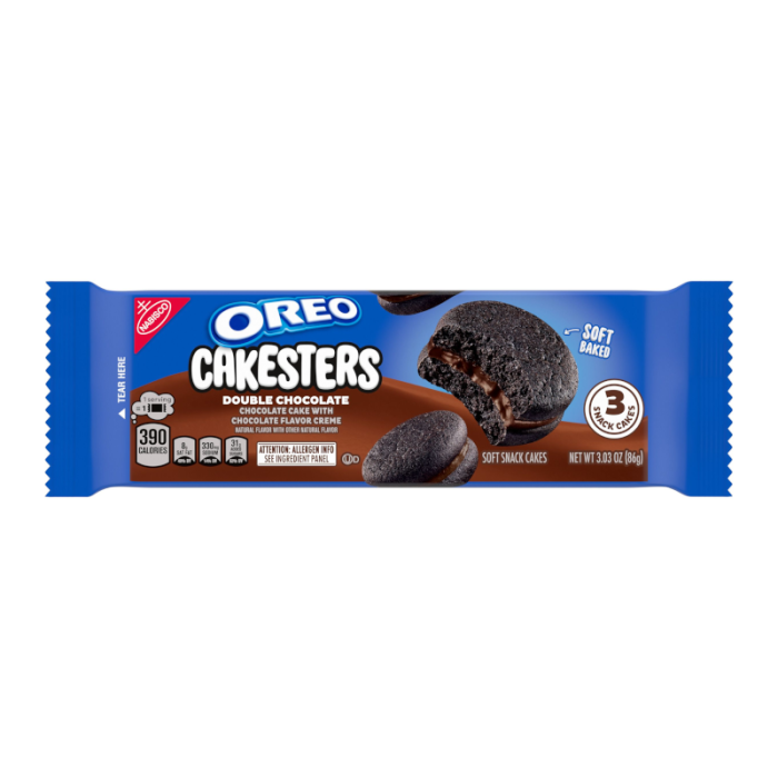 Front of Oreo Double Chocolate Cakesters packaging showing logo, chocolate cake with crème filling, and 86g label