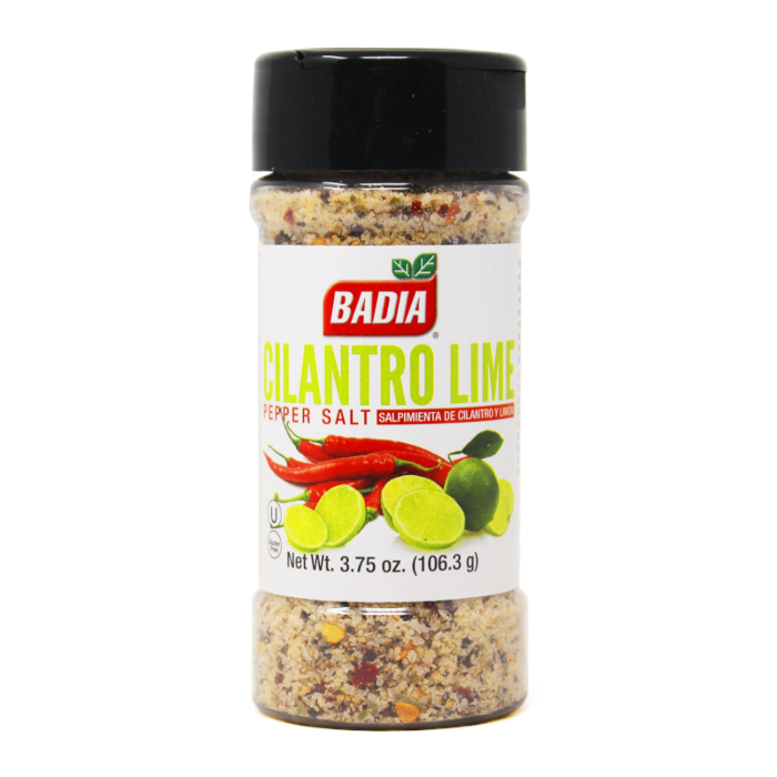 Front of Badia Cilantro Lime Pepper Salt shaker showing logo, cilantro and lime imagery, and 226g pack size
