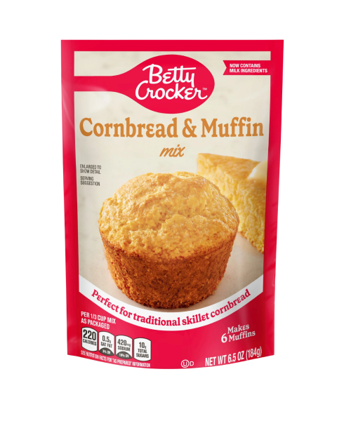 Front of Betty Crocker Cornbread & Muffin Mix package showcasing red label, logo, and image of muffins (184g pack)