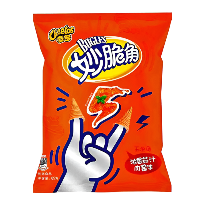 Front of Cheetos Bugles Tomato Juice Meat Sauce bag showing bold orange colour, logo, and cone-shaped snacks (65g pack)