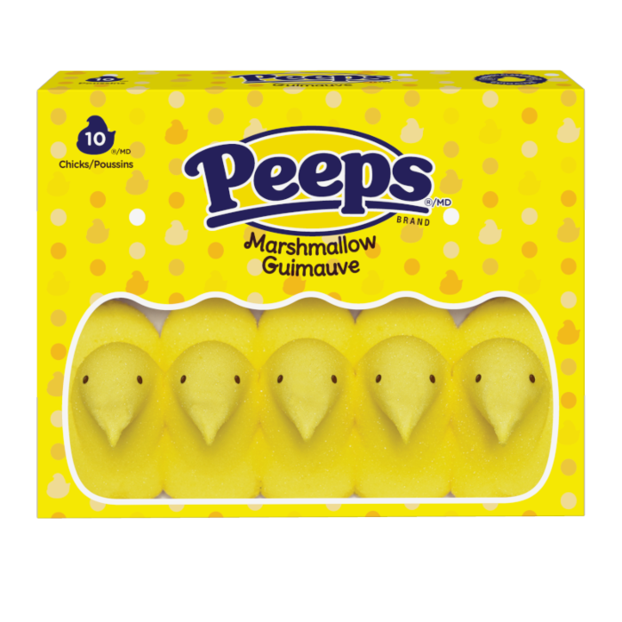 Front of Peeps Yellow Marshmallow Peeps box showing logo, fun yellow marshmallow chicks, and pack size (85g)