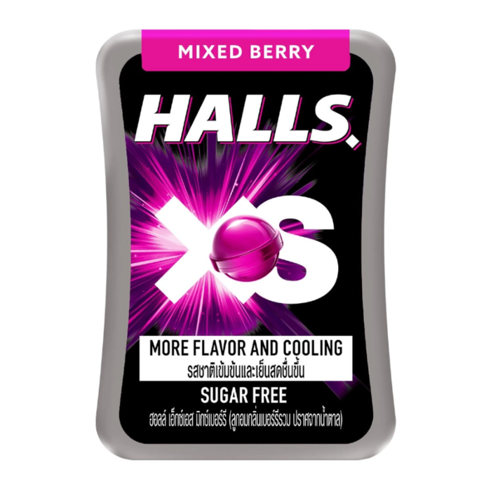 Front of HALLS XS Mixed Berry pack showing bold logo, vibrant berry graphics, and details about sugar-free enjoyment (21 pack, 15g size)