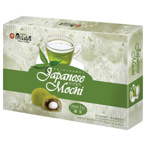 Front of Taiwan Village Matcha Green Tea Mochi box displaying logo, matcha flavour graphic, and a 210g pack with tea-related imagery.