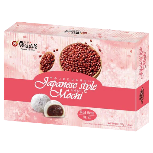 Front of Taiwan Village Red Bean Mochi box showing pink design, red bean flavour label, and mochi pieces (210g pack)
