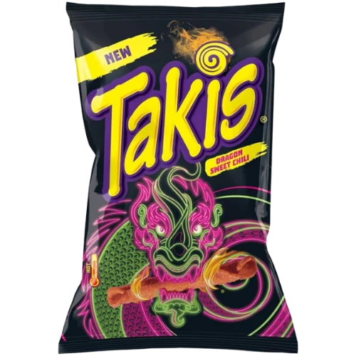 Front of Takis Dragon Sweet Chilli Tortilla Corn Chips bag showing vibrant design, dragon illustration, and product title in bold text (140g pack)
