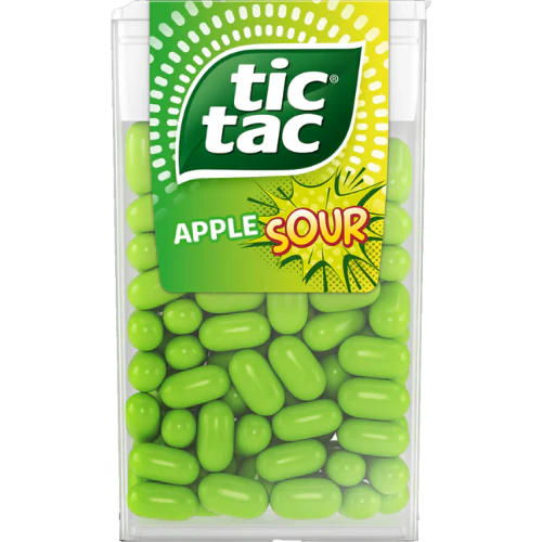 Front of Tic Tac Apple Sour container showing vibrant green mints, logo, and apple sour flavour label (18g pack)
