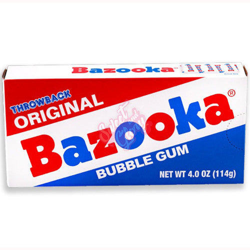 Front of Bazooka Bubblegum Theatre Box showing the bold red, blue, and white design, with the Bazooka logo and classic bubblegum imagery (113g pack)
