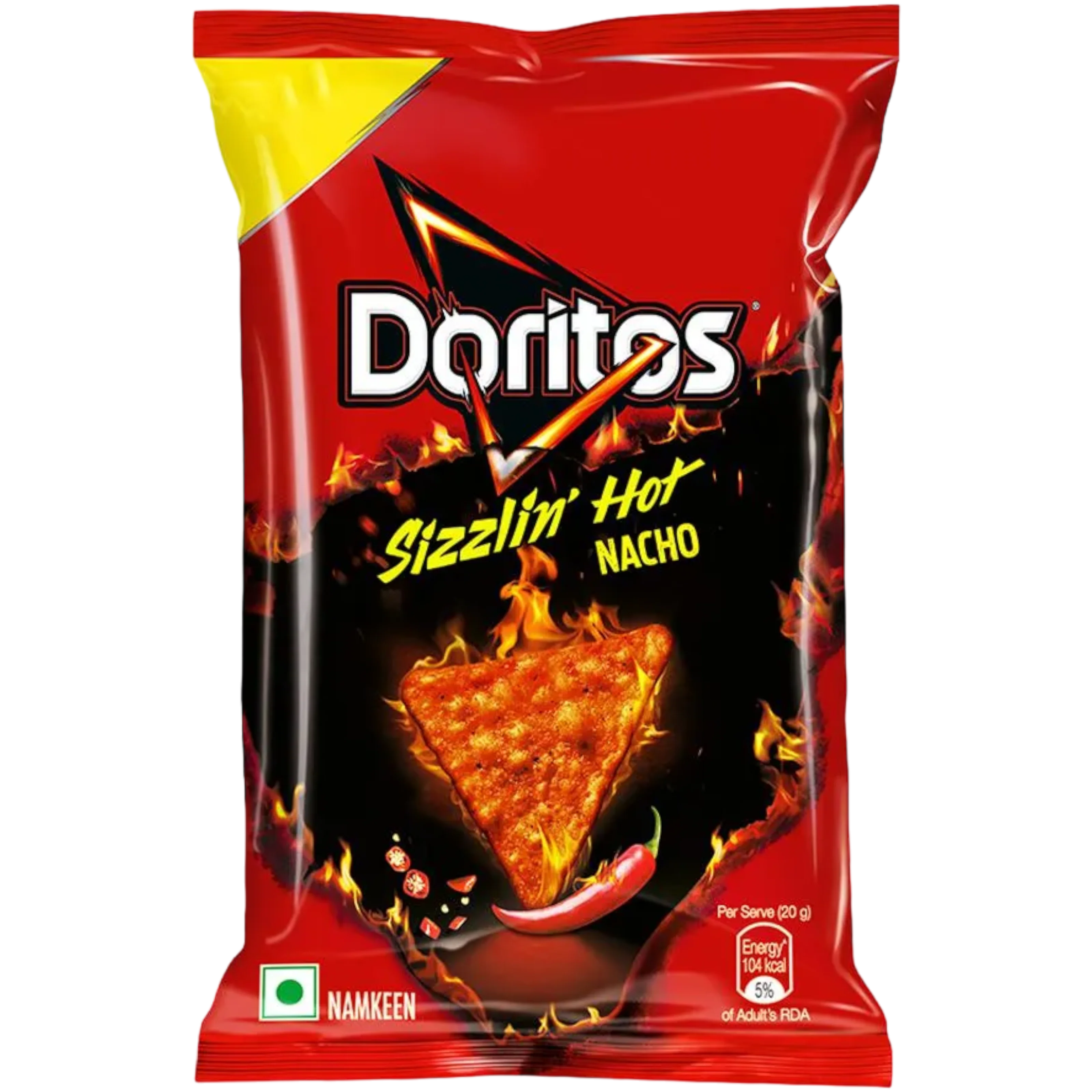 Front of a red bag of Doritos Sizzlin’ Hot showing the logo, nacho chip graphics, and fiery design elements (44g pack)
