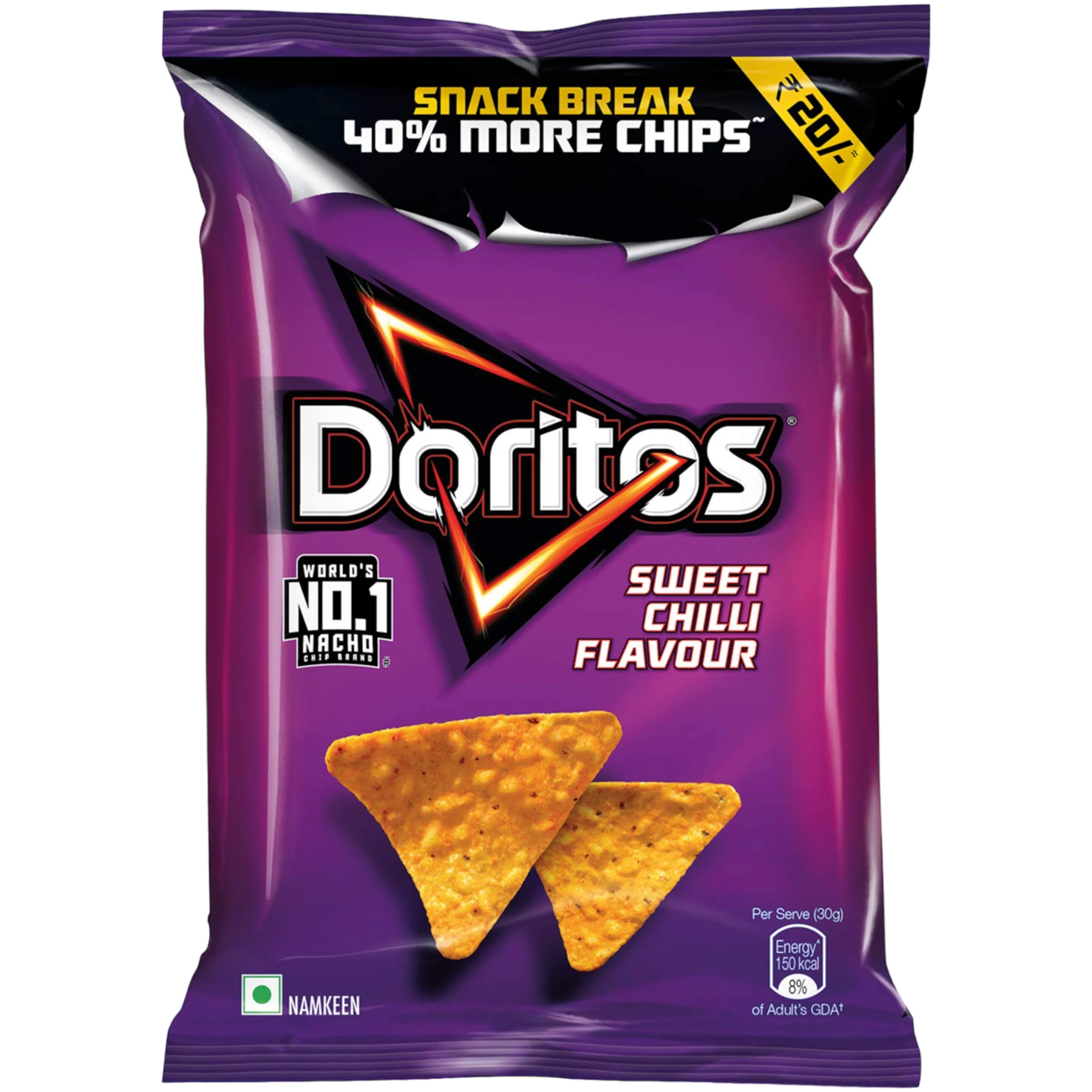 Front of Doritos Sweet Chilli bag showing bold logo, purple packaging, and crispy tortilla chips (44g pack)