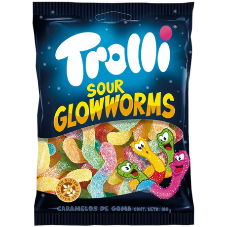 Front of Trolli Sour Glowworms bag displaying the vibrant logo, colourful gummy worms, and pack size of 100g.