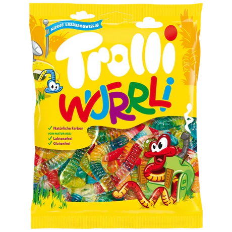 Front of Trolli Wurrli Gummy Worms bag showing bright yellow packaging with the Trolli logo, colourful gummy worms, and 100g pack size