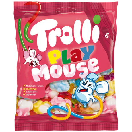 Front of Trolli Play Mouse Gummies bag displaying vibrant logo, colourful gummy mice, and packaging details (100g pack)