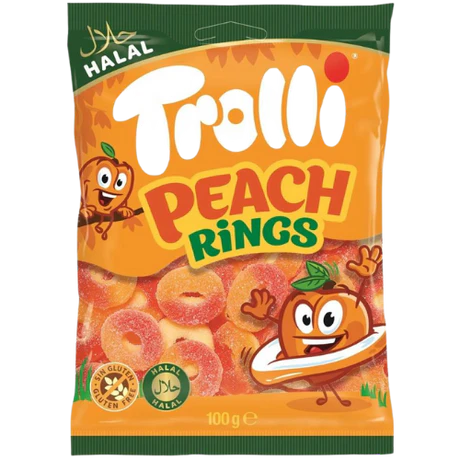 Front of Trolli Halal Peach Rings bag showing bright orange packaging with cartoon characters, chewy gummy peach rings, and 100g pack size