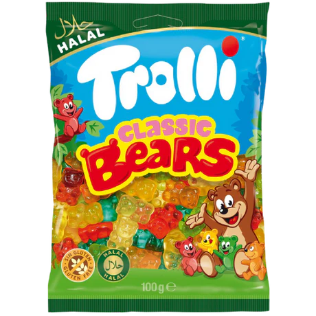 Front of Trolli Halal Classic Bears bag showing colourful gummy bear shapes, brand logo, and Halal certification (100g pack)