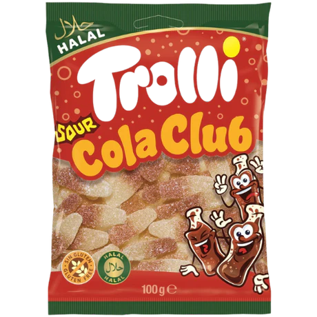 Front of Trolli Halal Sour Cola Club bag featuring vibrant red packaging, cola flavour text, and images of playful characters (100g pack)