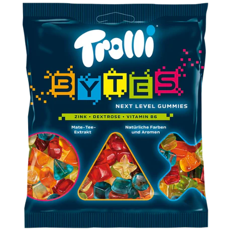 Front of Trolli Bytes Next Level Gummies bag showing colourful gummy shapes and text on a blue background (150g pack)