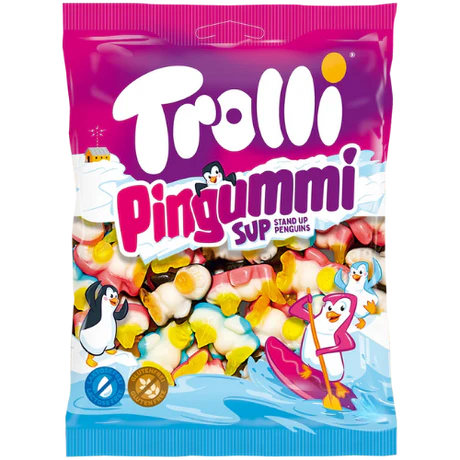 Front of Trolli Pingummi Stand-Up Penguins bag showing vibrant logo, penguin-shaped gummies, and 150g pack size.