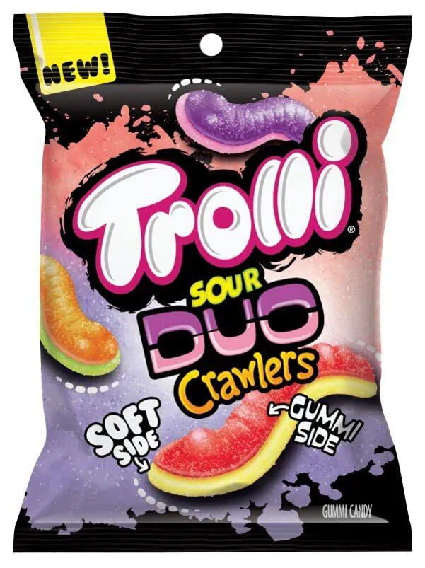 Front of Trolli Sour Duo Crawlers bag showing the brand logo, colourful sour gummies in orange and purple with soft and gummy side labels (120g pack)