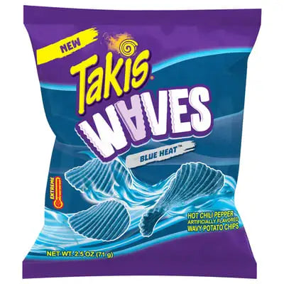 Front of Takis Waves Potato Chips Blue Heat bag showing bold purple logo, wavy chips, and vibrant blue accents (71g pack)