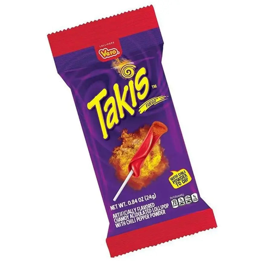 Front of Takis Fuego Lollipop packaging showing the logo, chamoy-flavoured lollipop, and chili powder dip in a vibrant design (24g pack)