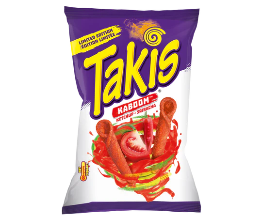 Front of Takis Kaboom Sriracha Ketchup Rolled Tortilla Corn Chips bag showing purple design, logo, and image of rolled chips (280g pack)