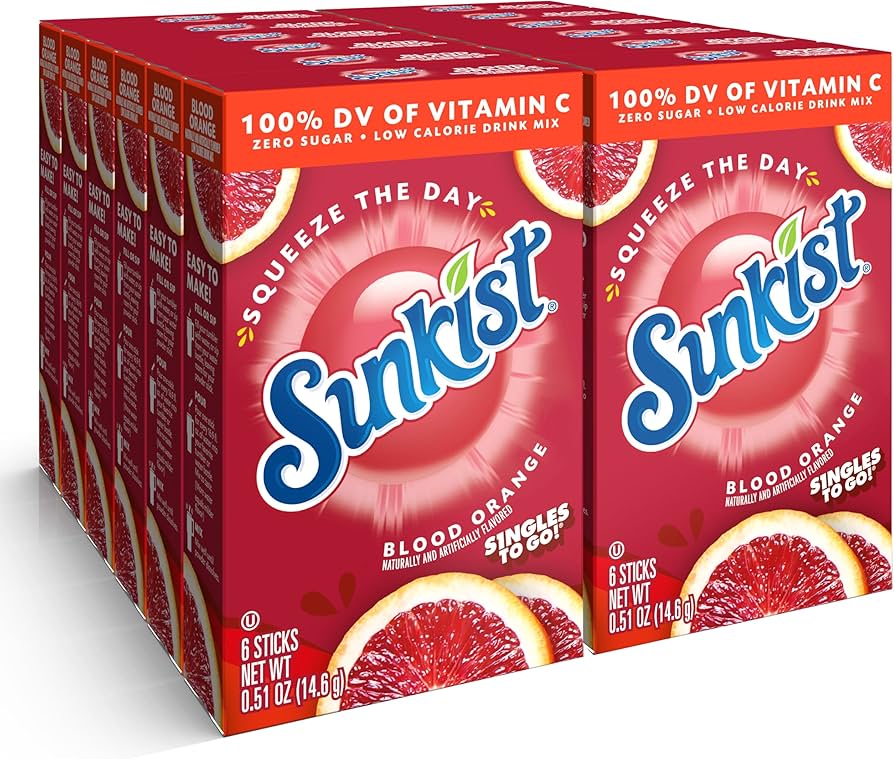 Front of a Sunkist Blood Orange Singles to Go box showing bright red logo and blood orange flavour, 12 pack with six sticks per box