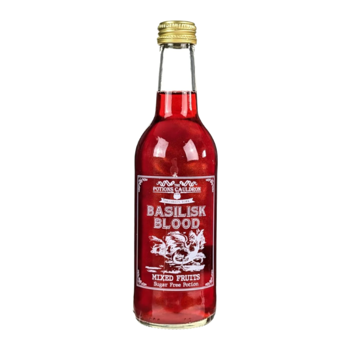 Front of Potions Cauldron Basilisk Blood Mixed Fruits bottle showing the logo, vibrant red colour, and mixed fruit label (330ml).