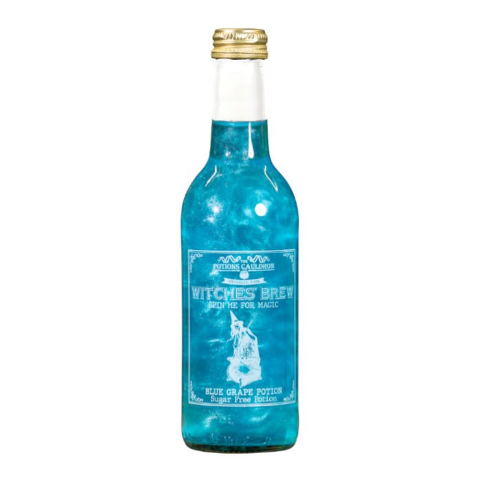 Front of The Potions Cauldron Witches' Brew Blue Grape Potion bottle showing the blue liquid, label details, and pack size (330ml)